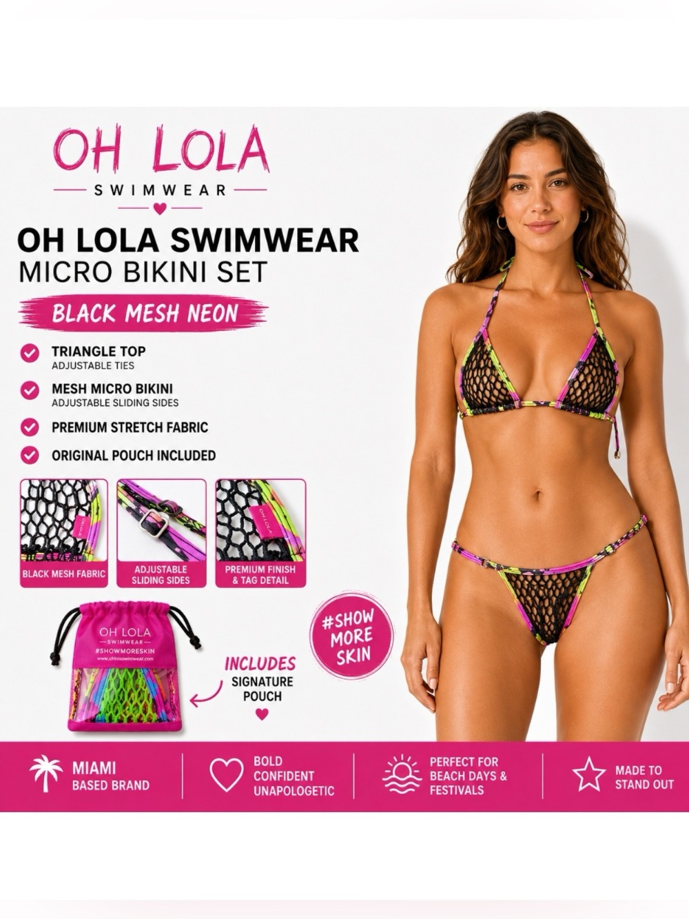 OH LOLA SWIMWEAR Black Mesh Neon Micro Bikini Set w/ Pouch | Size Small